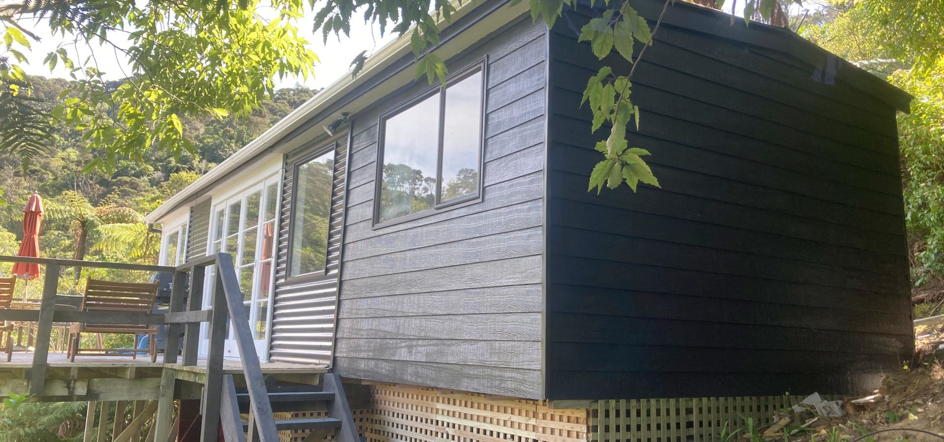 Elevated view across Queen Charlotte Sound from the deck